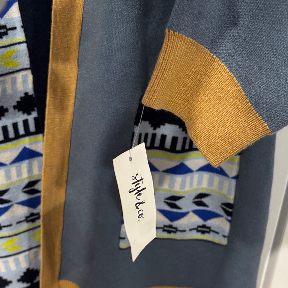 Style & Co. Light Blue and Mustard Patterned Open-Front Cardigan NWT - Picture 4 of 9